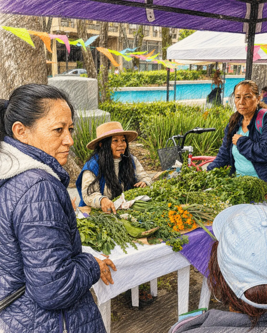 Mujeres en una estación de plantas medicinales durante el encuentro en Santa Fe