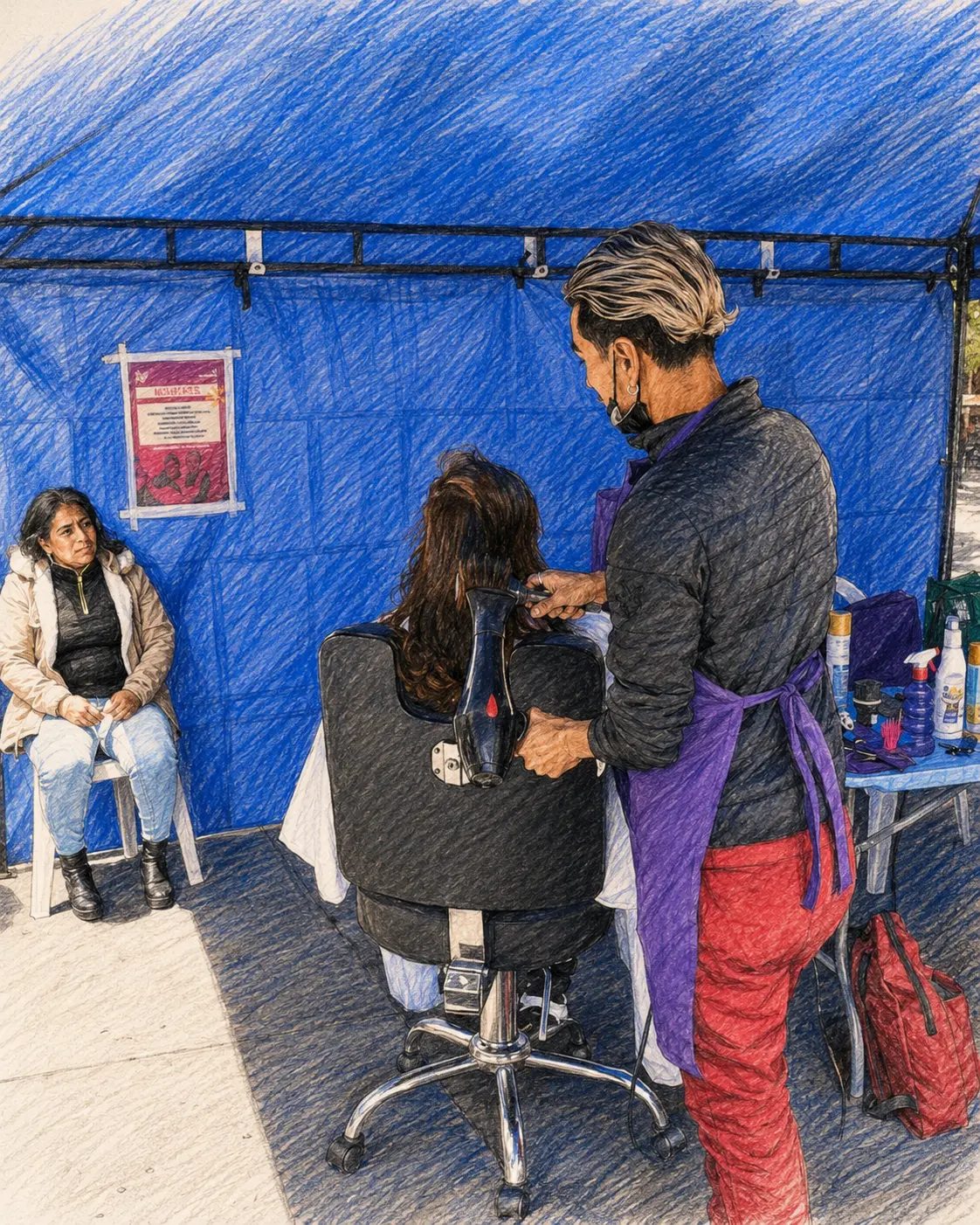 Estilista atendiendo a una mujer en una carpa durante la jornada de cuidado