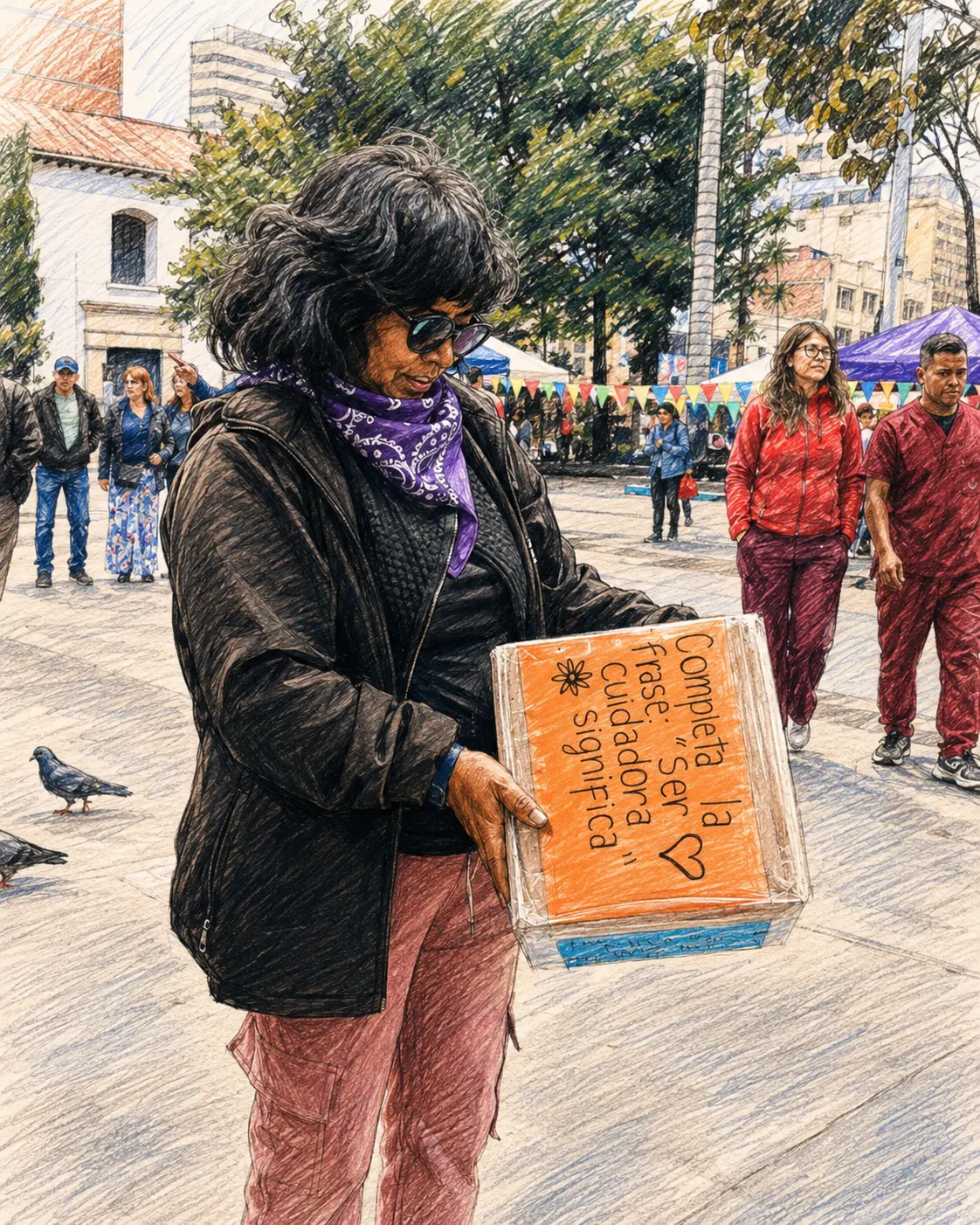 Mujer sosteniendo una caja con la frase: Completa la frase: Ser cuidadora significa