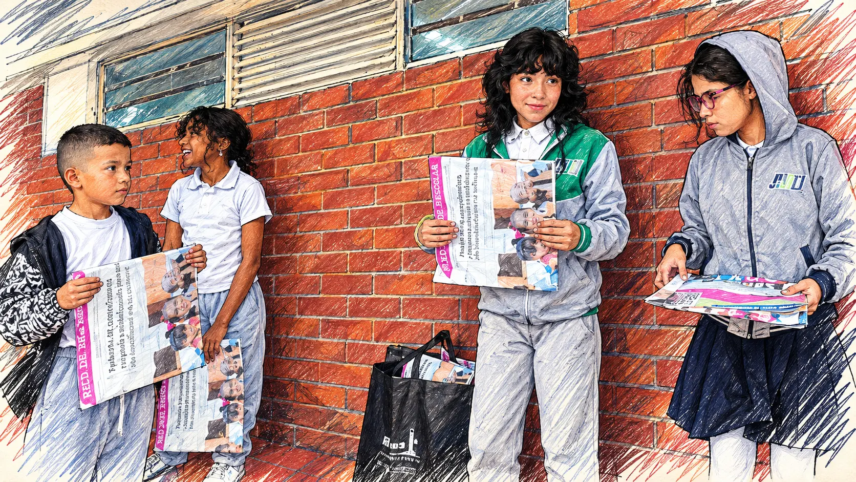 Estudiantes conversando junto a un mural con material pedagógico sobre convivencia escolar
